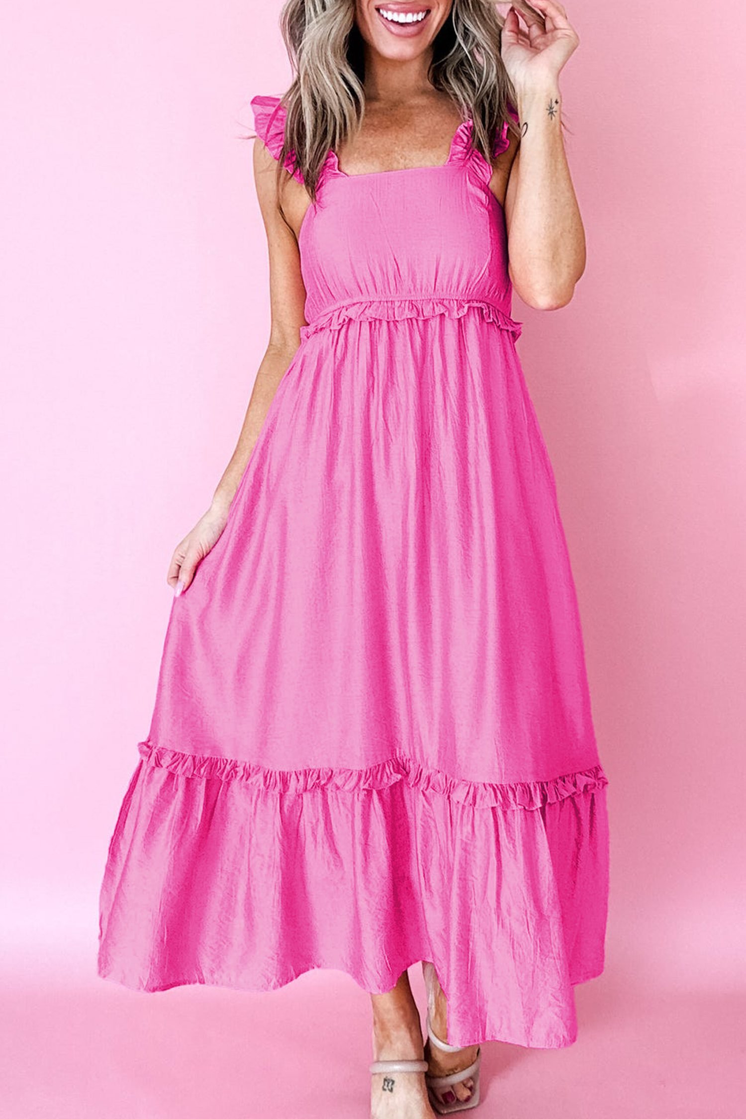 Bonbon Solid Color Ruffle Trim High Waist Sleeveless Maxi Dress