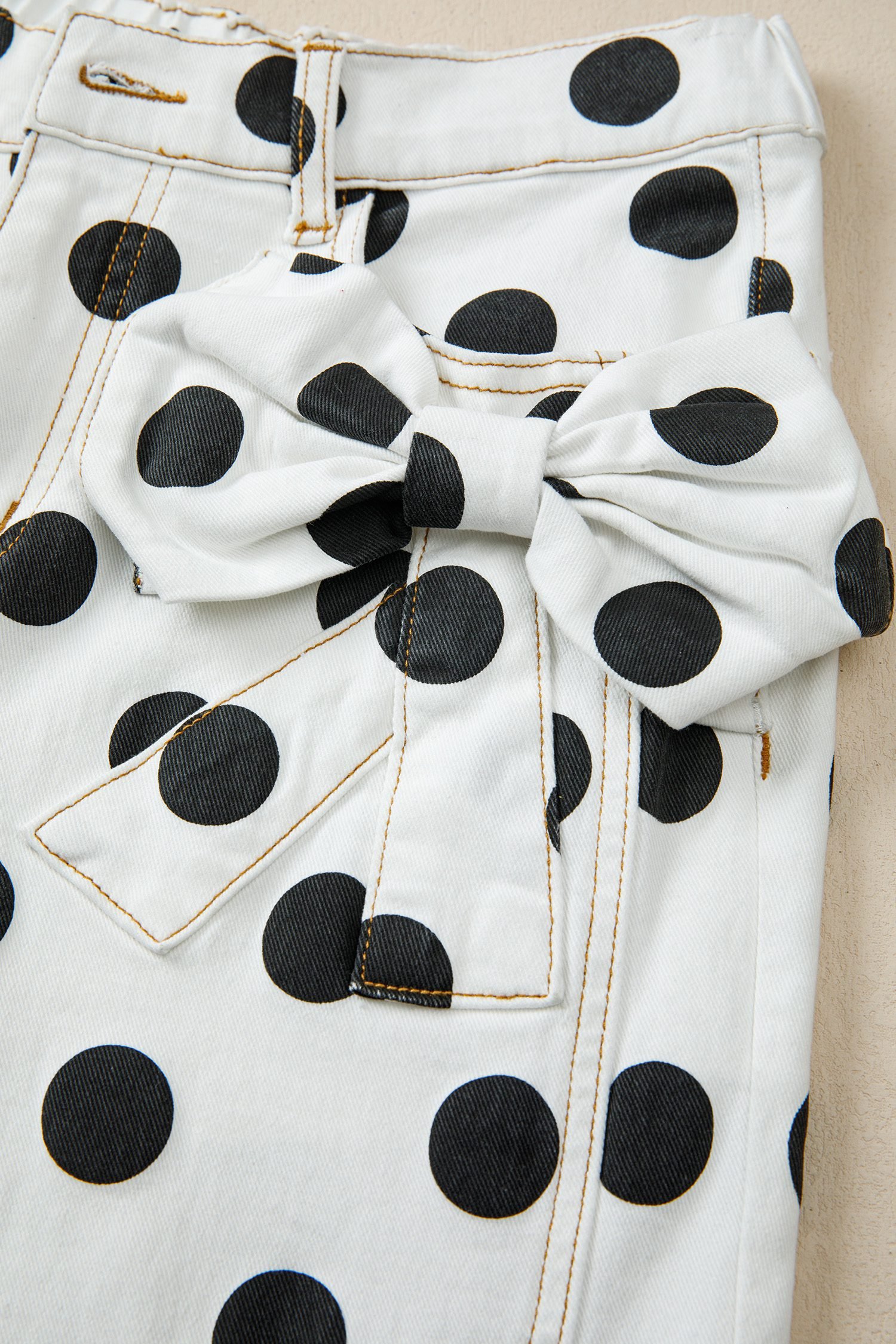 White Polka Dot Print Bow Detail Pocketed Jeans