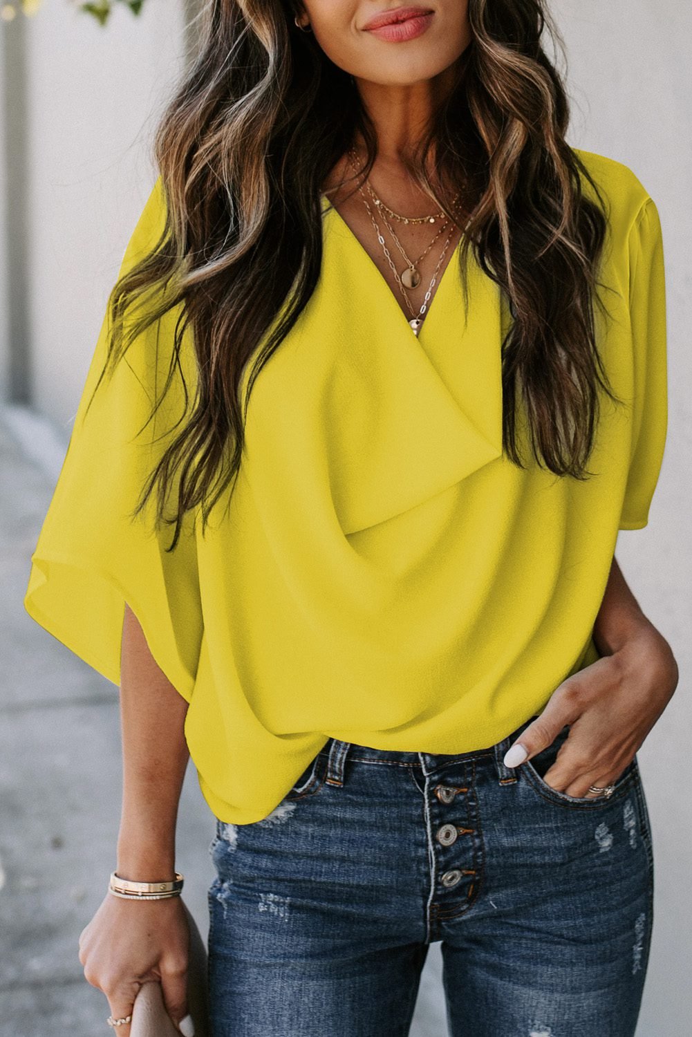 Golden Glow Women's Casual Summer Sleeve Wrap V Neck Draped Blouses