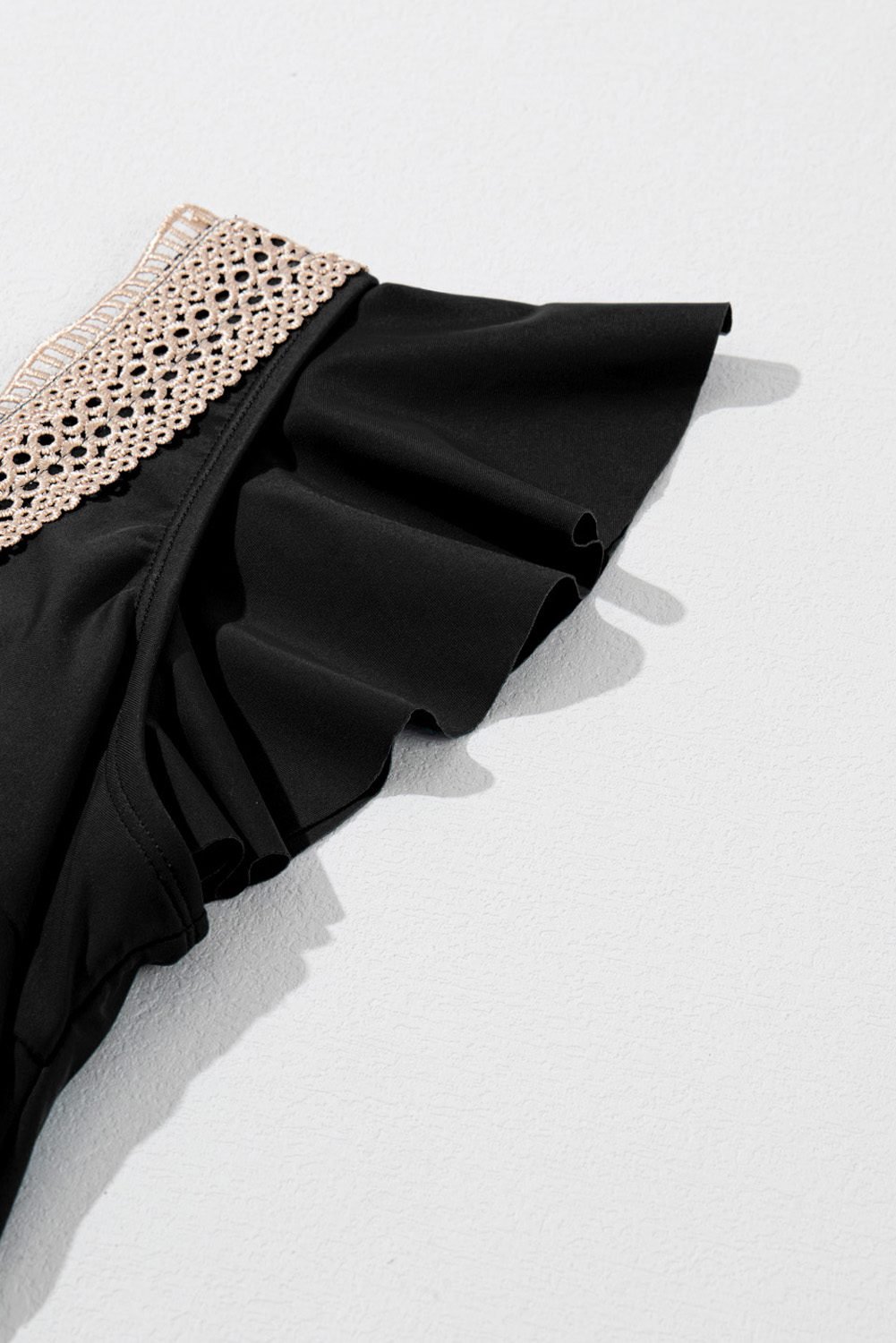 Black Ruffled Short Sleeve Lace Trim V Neck One Piece Swim Dress