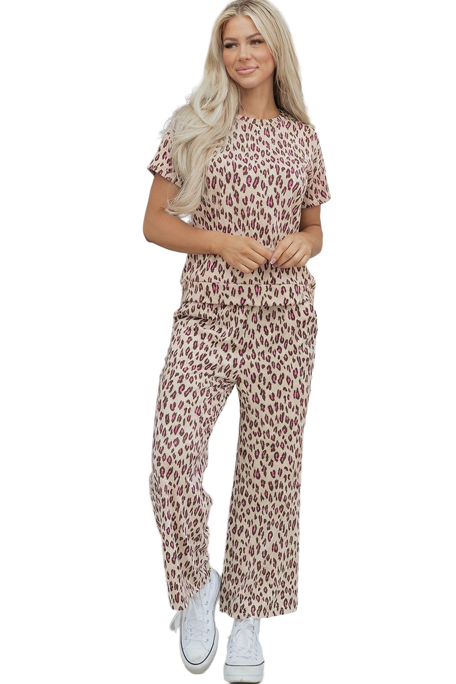 Pink Leopard Print Casual Tee and Pants 2pcs Outfit