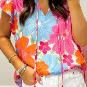 Multicolour Vibrant Flower Printed Tie V Neck Ruffle Trim Sleeveless Blouse
