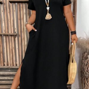 Black Asymmetric Shoulder Detail Short Sleeve Plus Size Maxi Dress