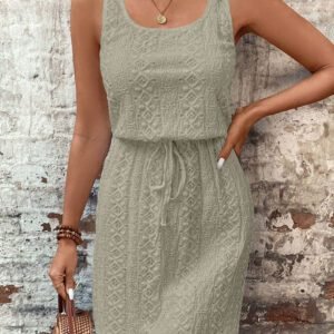 Four Leaf Clover Eyelet Textured Square Neck Drawstring Mini Dress