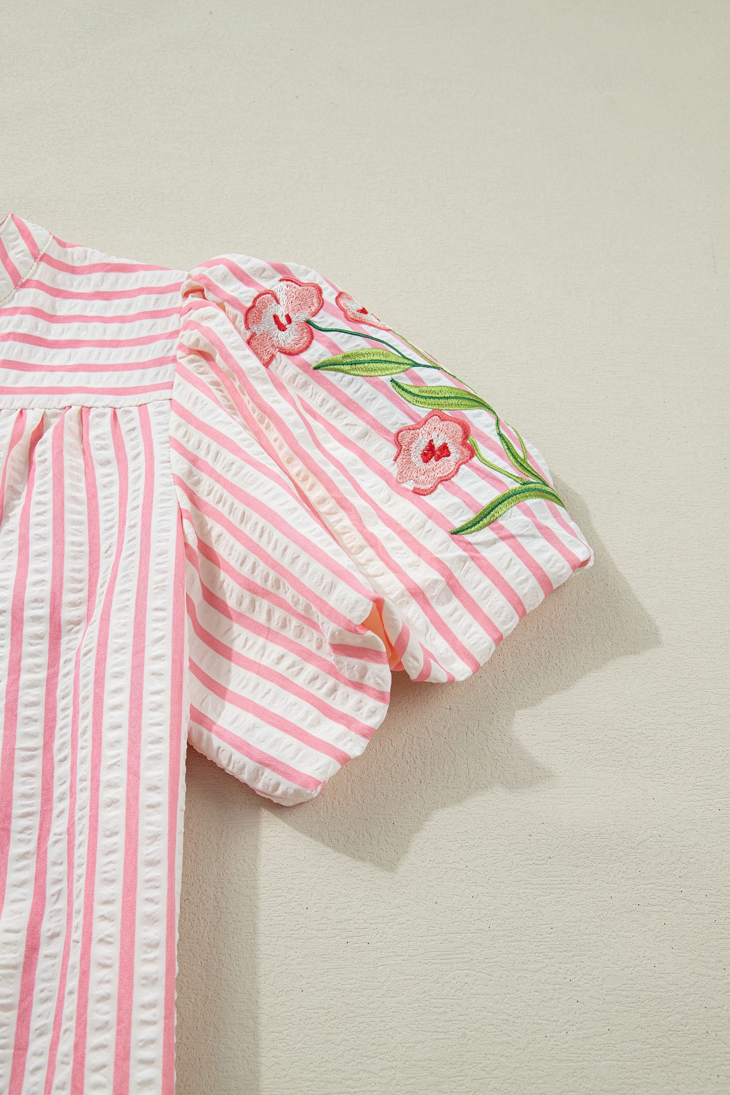 Pink Stripe Print Floral Embroidered Puff Sleeve V Neck Blouse