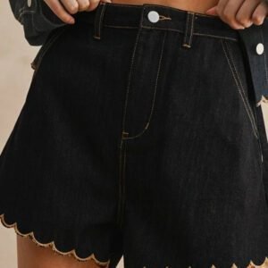 Black Embroidered Scalloped Trim Relaxed Denim Shorts