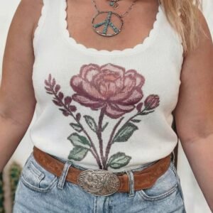 White Plus Size Floral Print Scalloped Trim Square Neck Sweater Vest