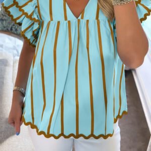 Sky Blue Stripe Ricrac Trim Double Ruffled Short Sleeve V Neck Blouse