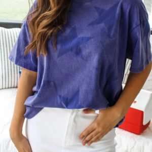 Blue Independence Day Star Printed Mineral Wash T Shirt