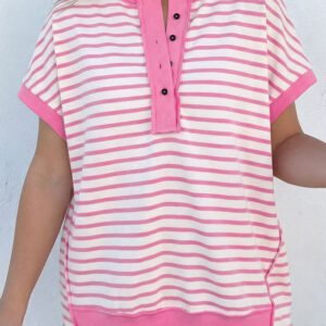 Pink Stripe Half Placket High Low Short Sleeve Top