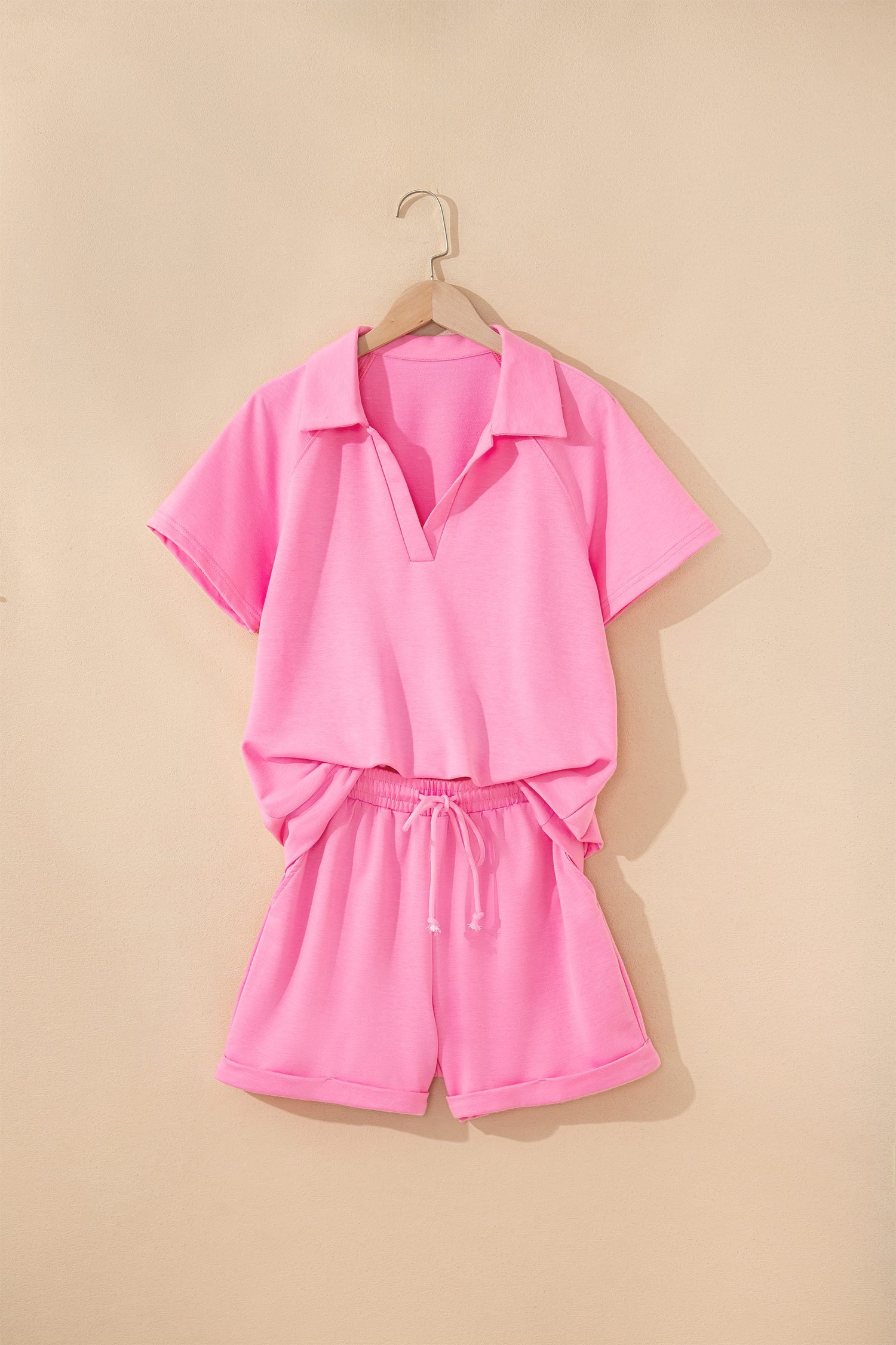 Bonbon Collared V Neck Tee Drawstring Elastic Waist Shorts 2pcs Outfit