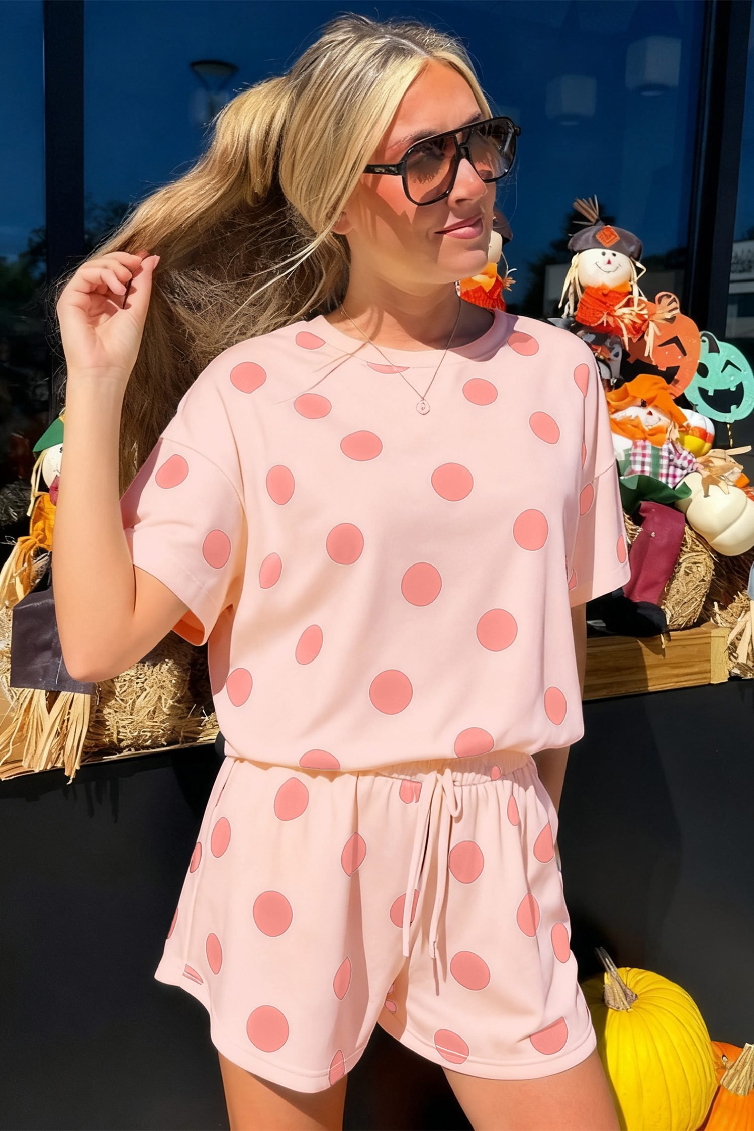 Pink Polka Dot Print Loose Tee Drawstring Elastic Waist Short Set