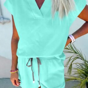 Mint Green V Neck Short Sleeve Top Drawstring Shorts 2pcs Set