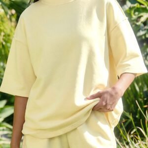 Yellow Cream Solid Color Exposed Seam Mock Neck Oversize Tee Casual Shorts 2pcs Outfit