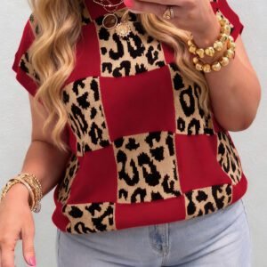 Red Plus Size Leopard Contrasted Checkered Short Sleeve Sweater