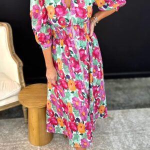 Rose Vibrant Floral Print V Neck Zip Up Puffy Half Sleeve Dress