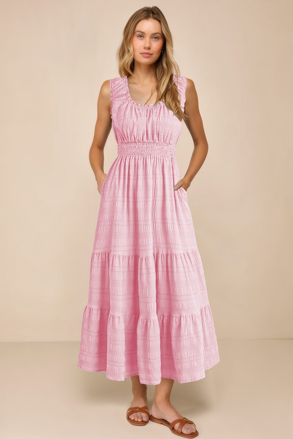 Pink Shirred Pleated Square Neck Sleeveless Midi Dress