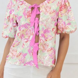 Pink Ribbon Knot Front Floral Short Puff Sleeve Blouse