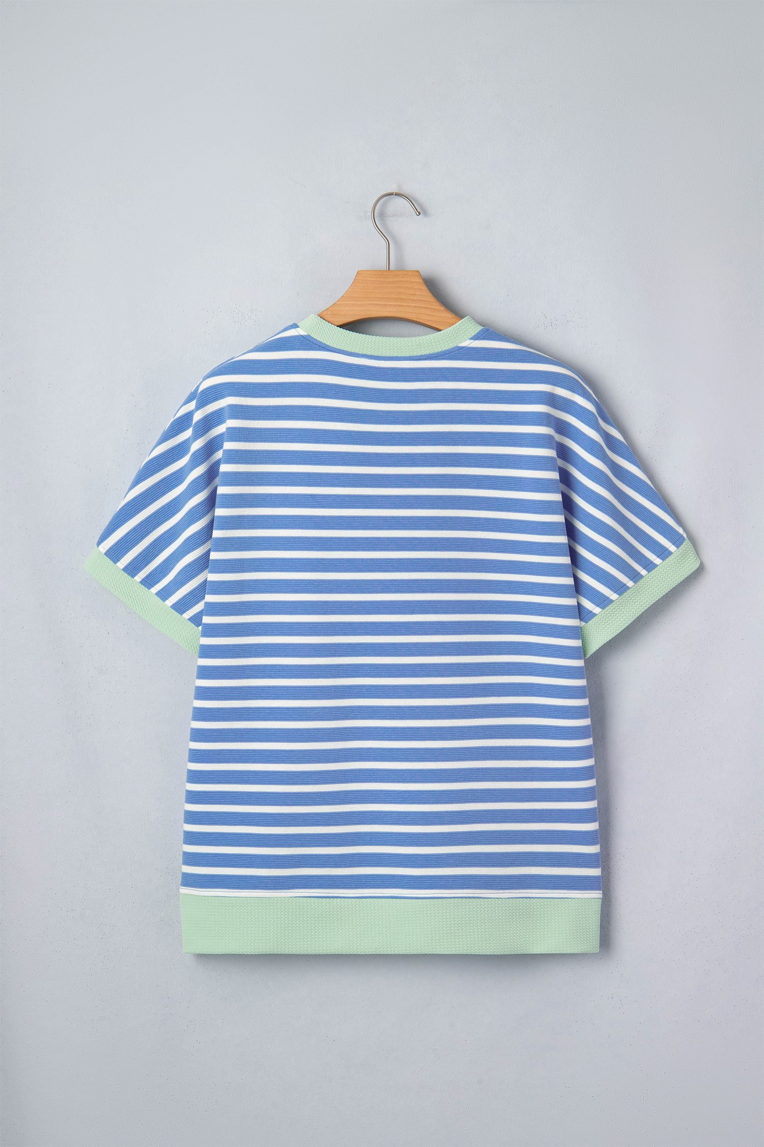 Sky Blue Stripe Contrast Trim Loose Short Sleeve Top