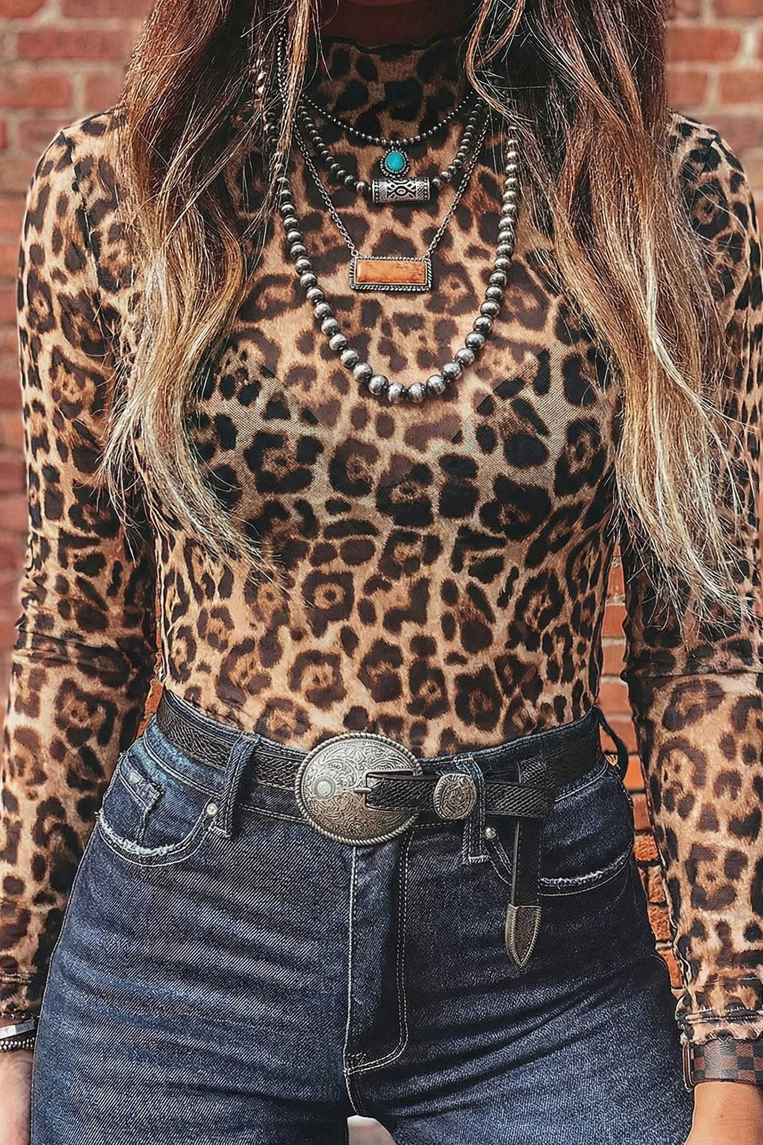 Camel Leopard Print Slim Fit Mesh Long Sleeve Mock Neck Top