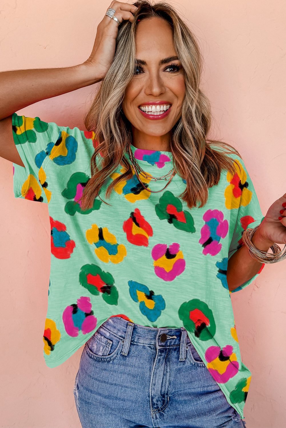 Green Leopard Drop Shoulder Oversize Tee