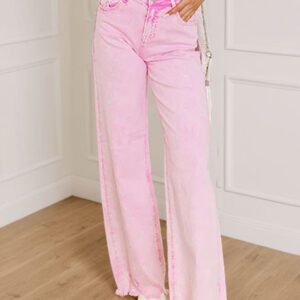 Pink Acid Wash High Waist Uneven Raw Hem Shift Jeans