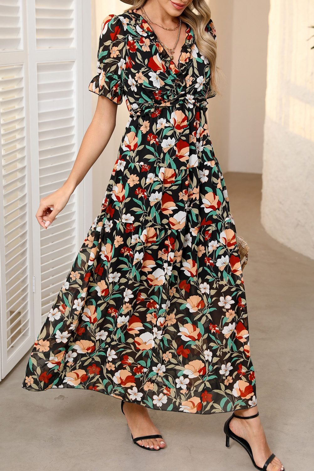 Black Fiery Floral Print Frilled V Neck Short Sleeve Maxi Dress