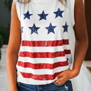White Vintage Stars and Stripes Printed Casual Tank Top