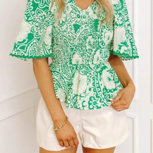 Green Flirty Floral Smocked V Neck Blouse