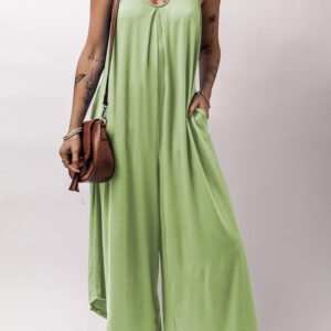 Grass Green Sleeveless V Neck Pocketed Wide Leg Jumpsuit
