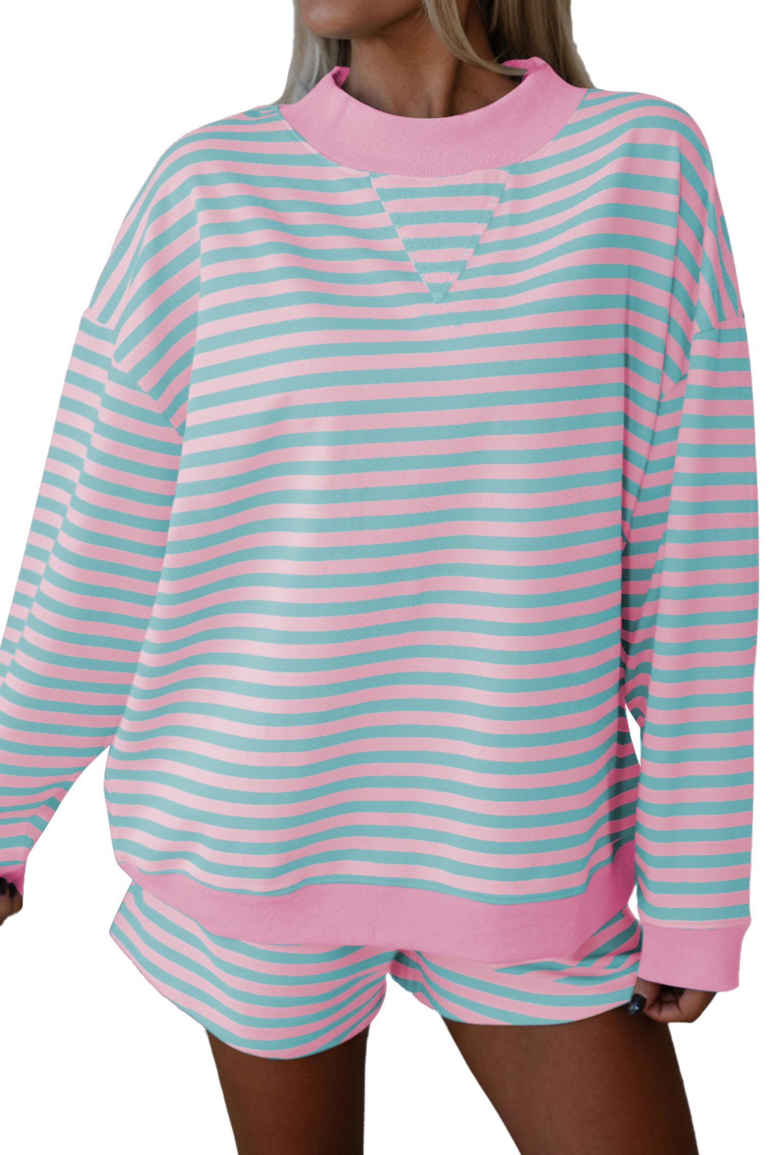 Pink Stripe Color Block Detail Long Sleeve Pullover Elastic Waist Pull On Shorts 2pcs Set