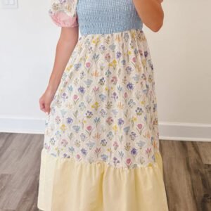 Multicolour Floral Print Striped Color Block Patchwork Square Neck Shirred Long Dress