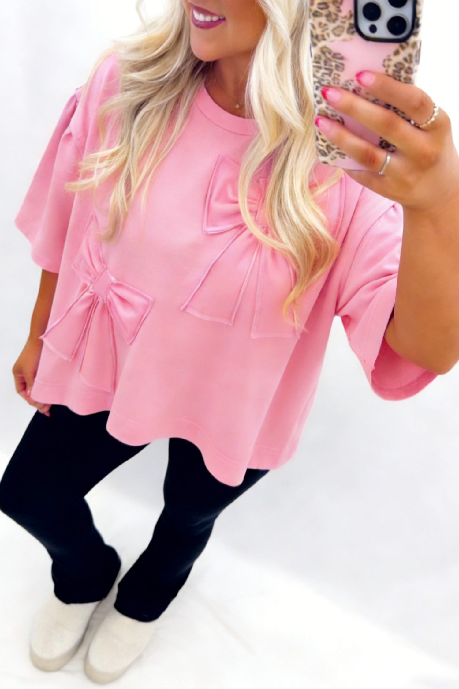 Pink Solid Color Raw Edge Bow Patch Loose T Shirt