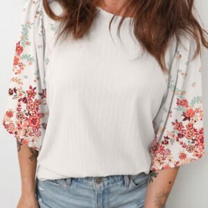 White Ribbed Texture Floral Print Half Sleeve Patchwork Top