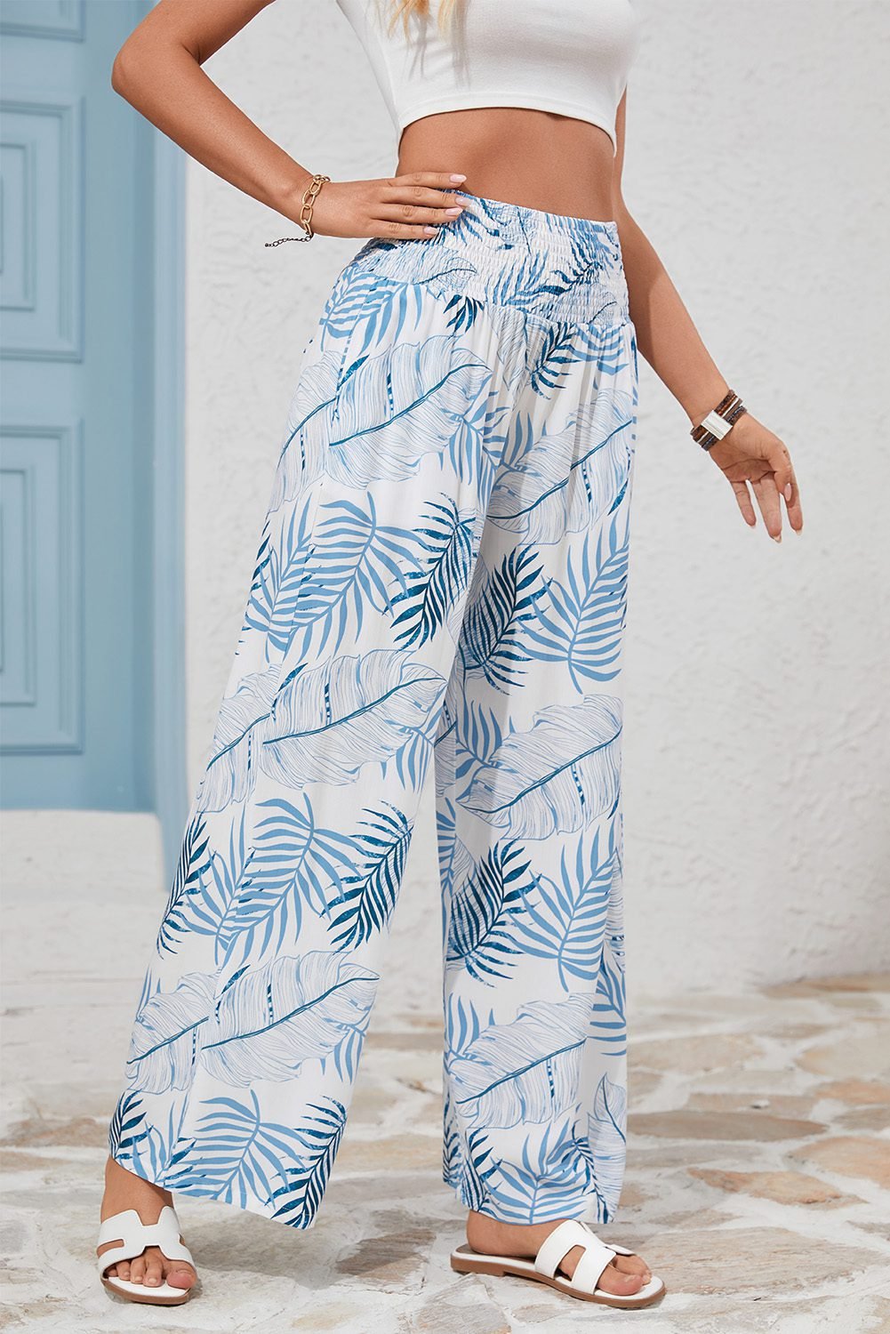 Sky Blue Geometric/ Floral/ Botanic Print Shirred Waistband Wide Leg Pants