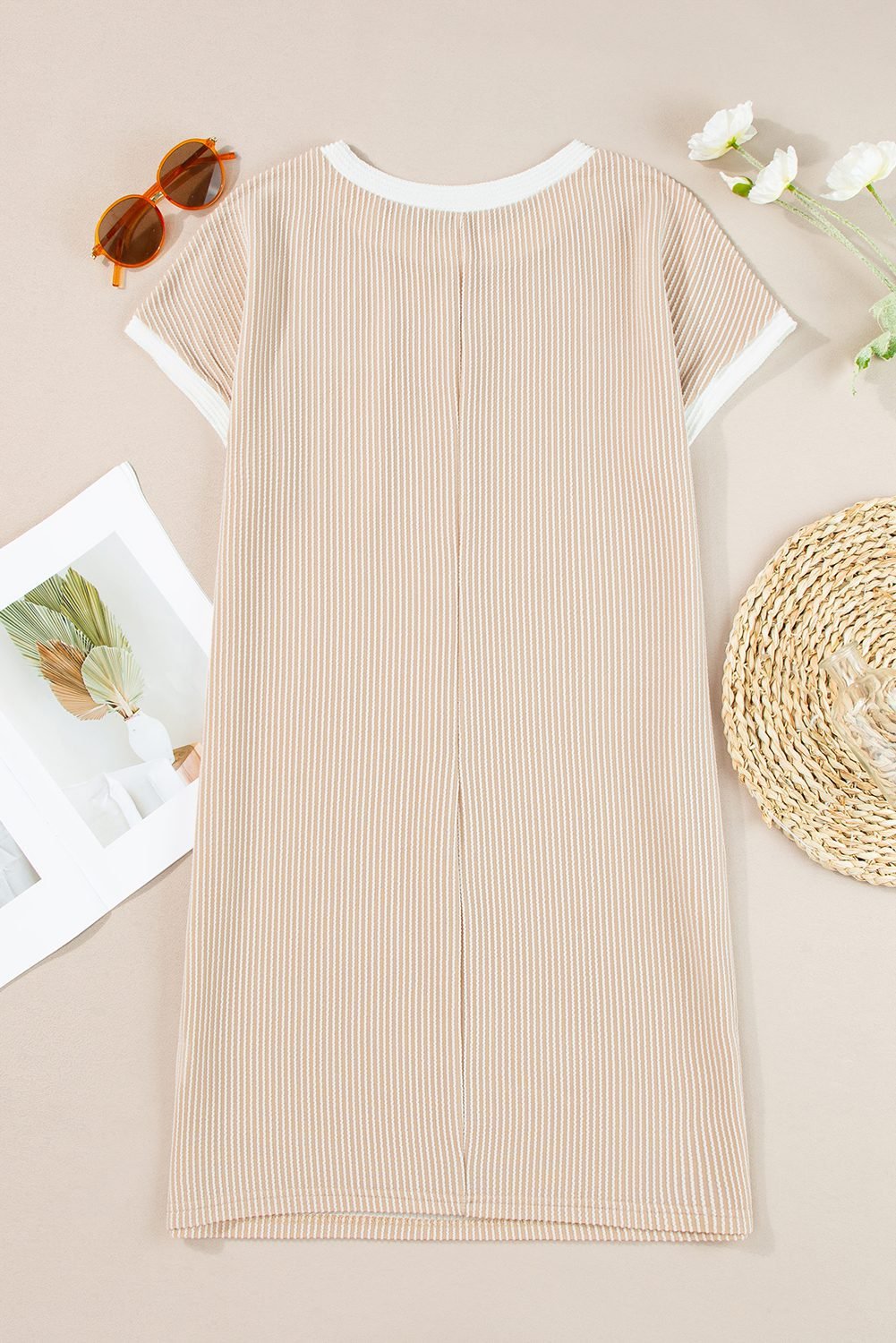 Apricot Twisted Ribbed Color Block Trim T Shirt Shift Dress