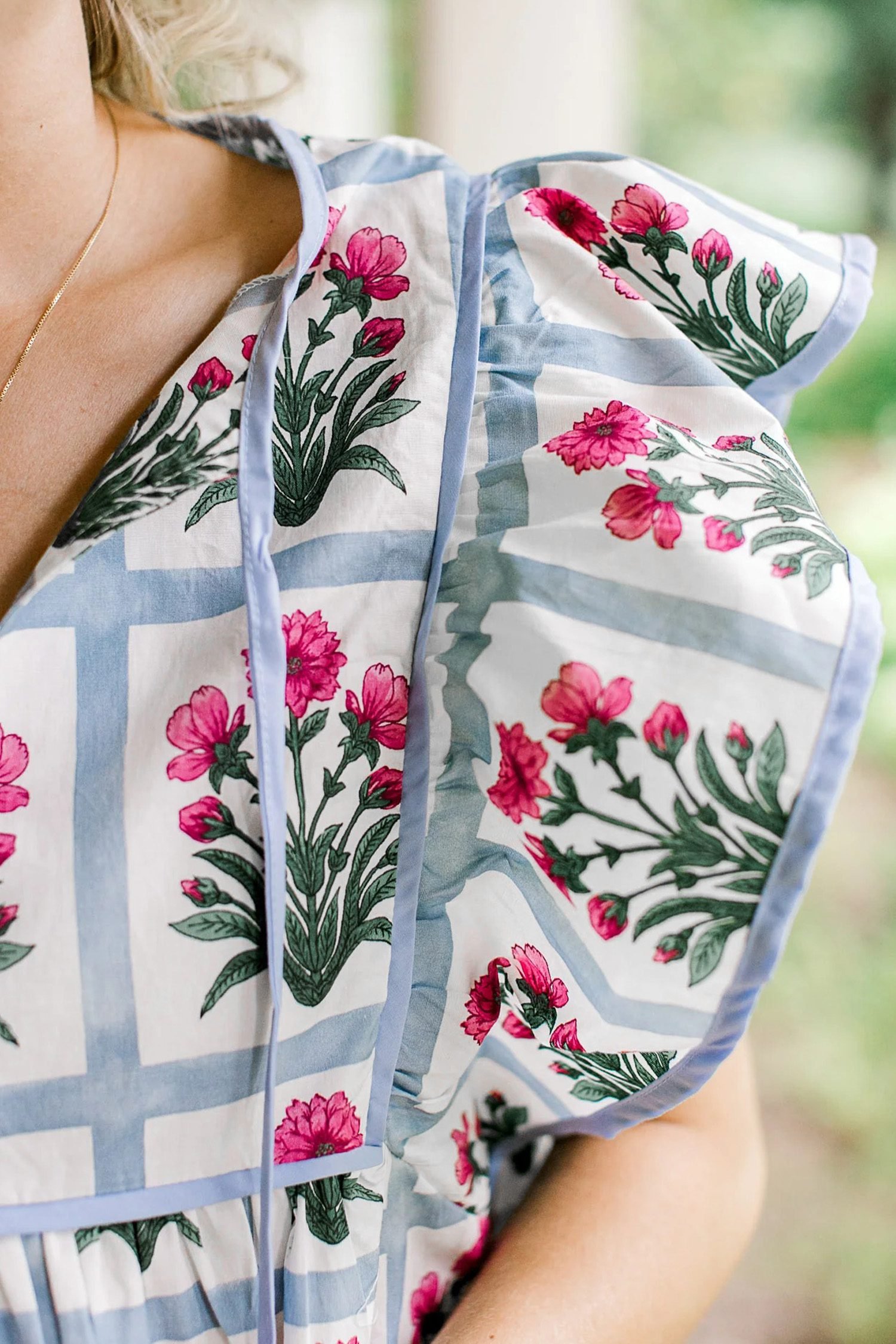 Pink Floral Flutter Sleeve Split V Neck Top