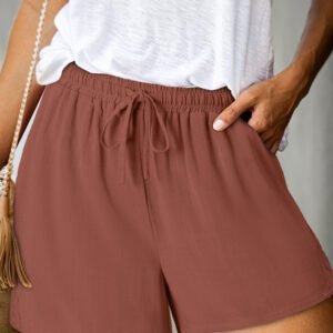 Chestnut Lace Splicing Drawstring Elastic Waist Loose Linen Shorts