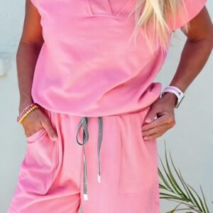 Sachet Pink V Neck Short Sleeve Top Drawstring Shorts 2pcs Set
