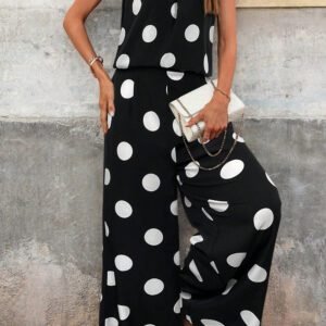 Black Polka Dot Print Pleated Round Neck Tank Casual Wide Leg Two-Piece Outfit
