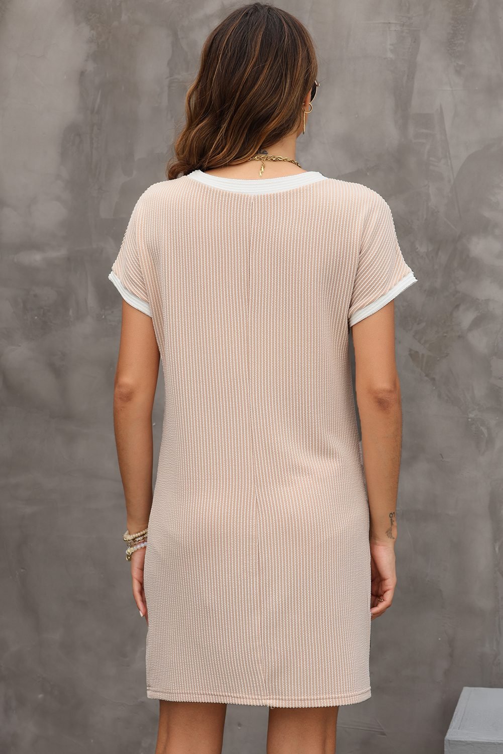 Apricot Twisted Ribbed Color Block Trim T Shirt Shift Dress
