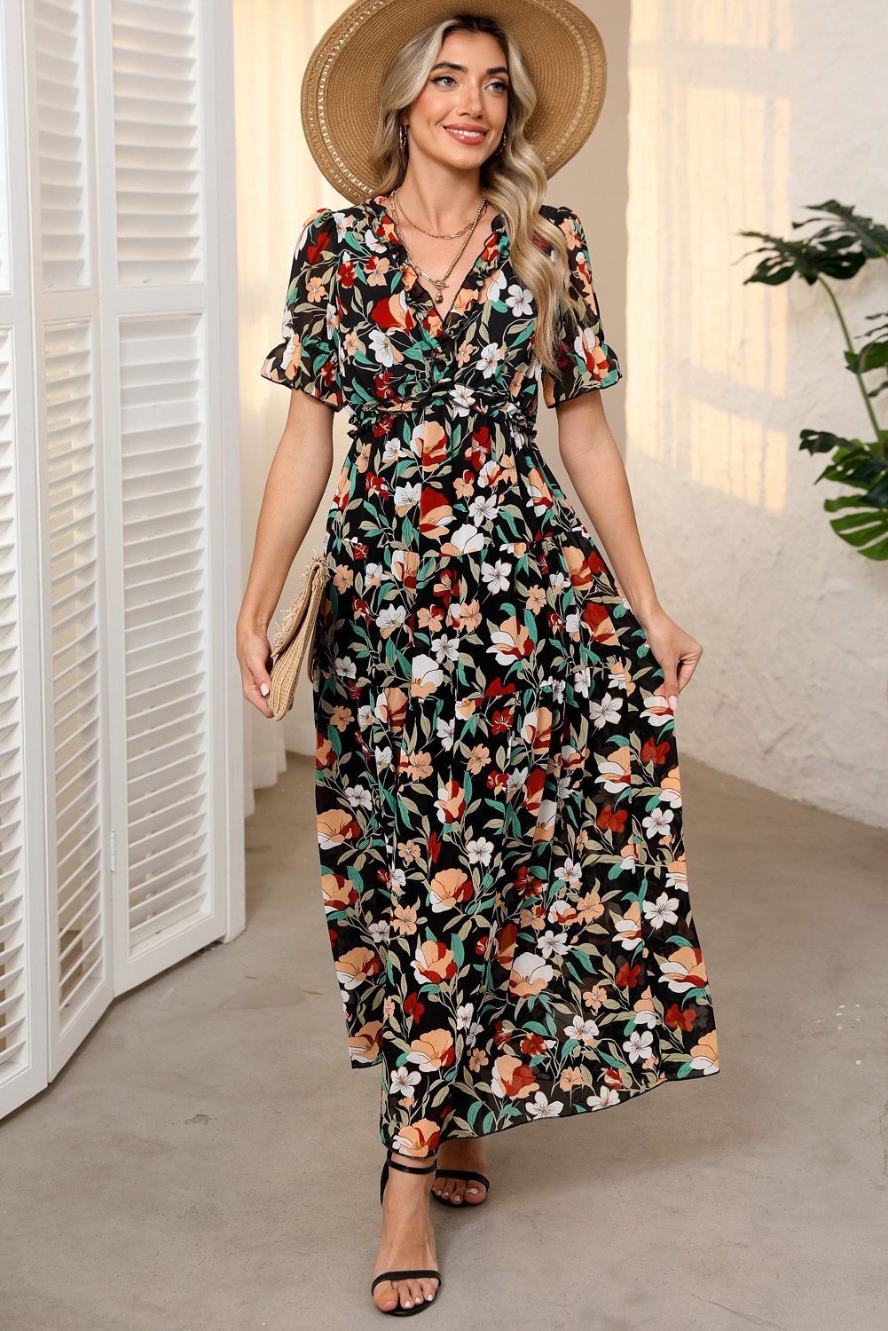 Black Fiery Floral Print Frilled V Neck Short Sleeve Maxi Dress