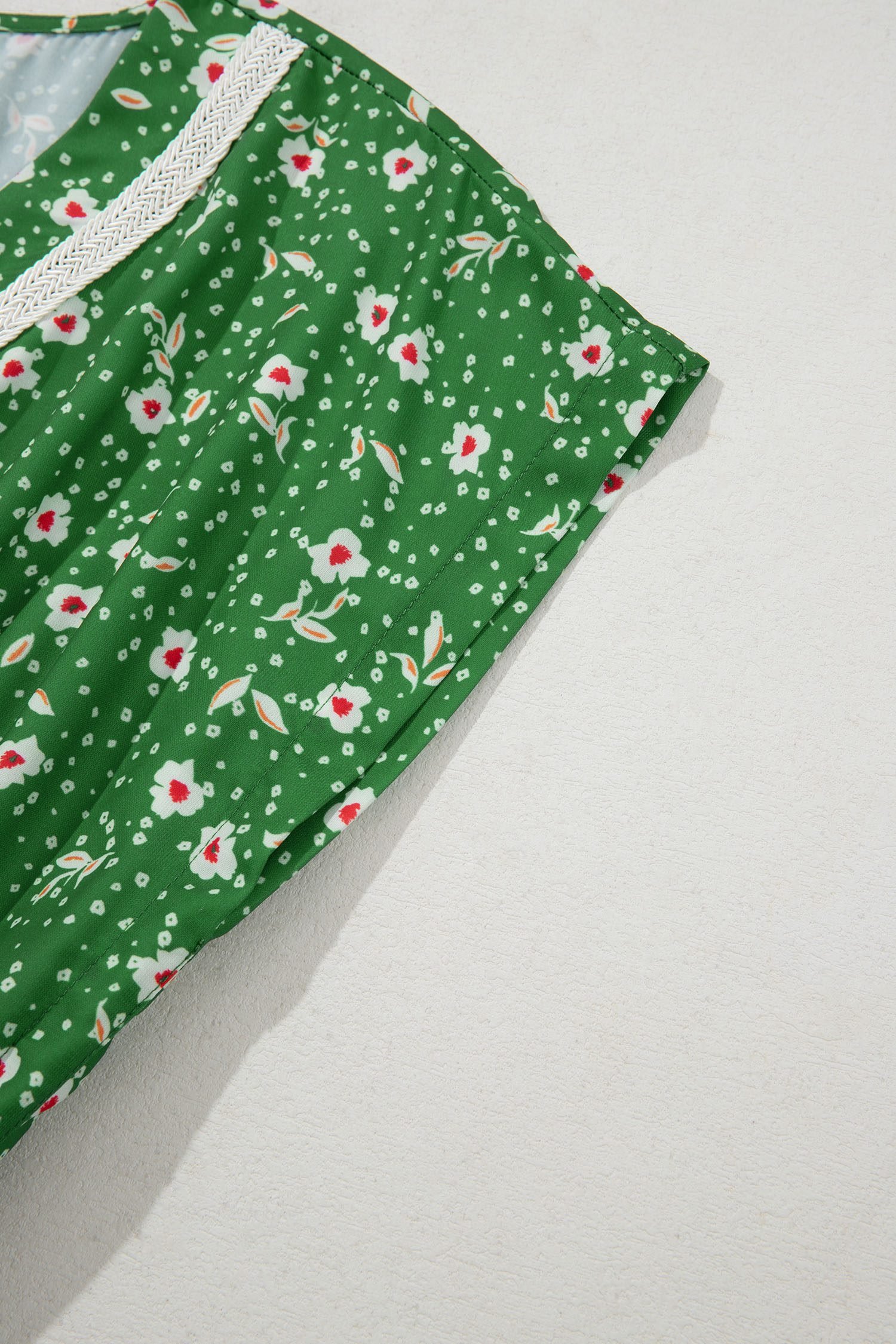 Green Abstract Print Embroidered Trim V Neck Drawstring High Waist Loose Vacation Dress