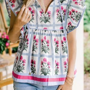 Pink Floral Flutter Sleeve Split V Neck Top