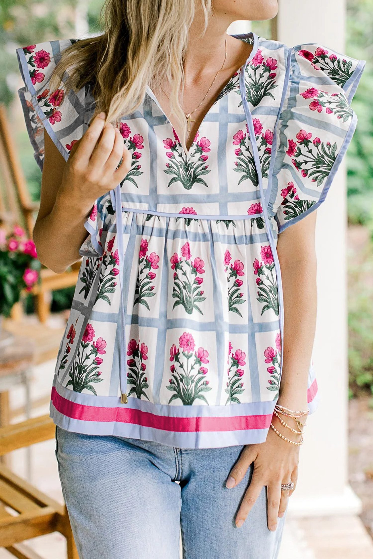 Pink Floral Flutter Sleeve Split V Neck Top