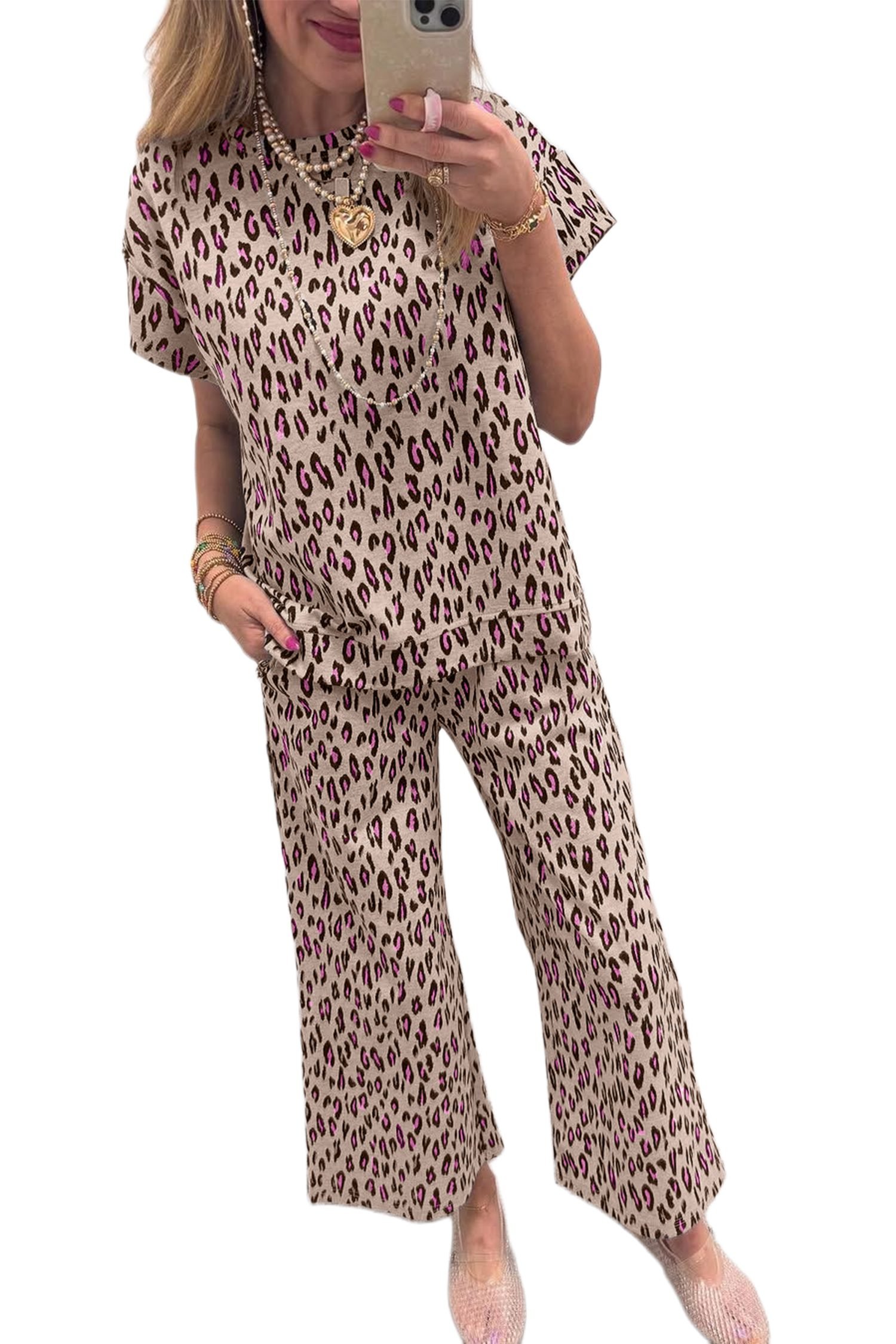Pink Leopard Print Casual Tee and Pants 2pcs Outfit
