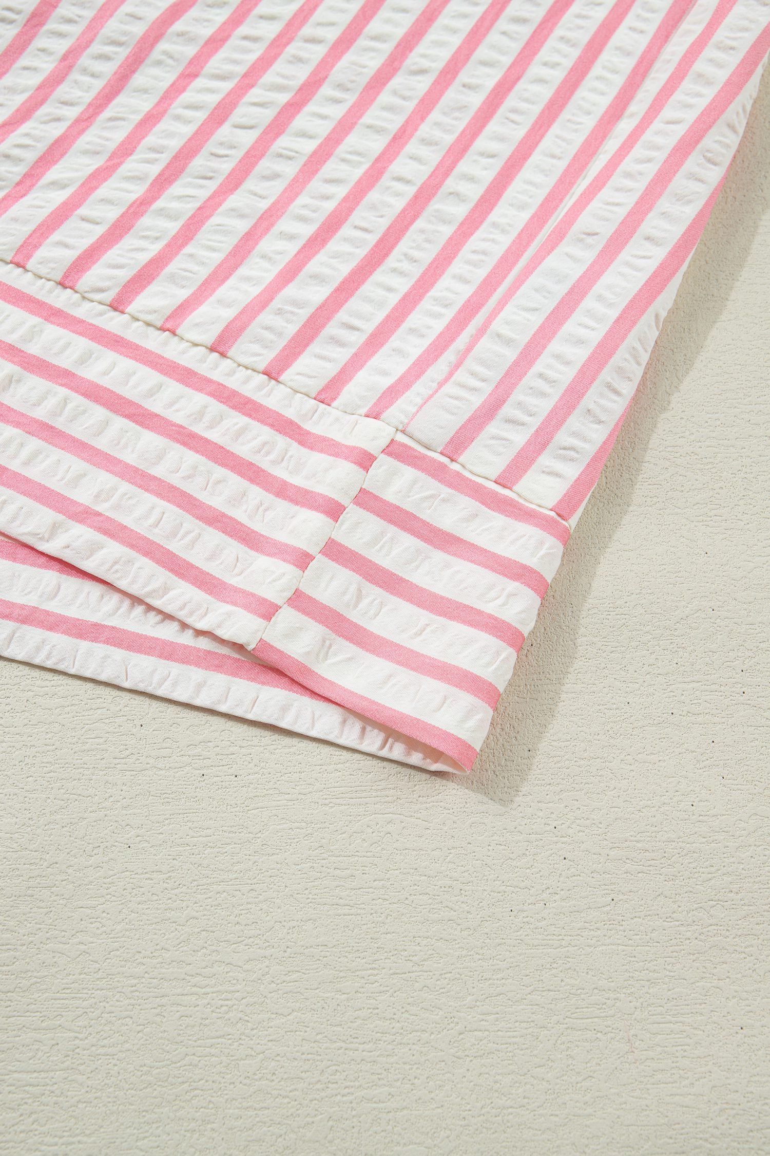 Pink Stripe Print Floral Embroidered Puff Sleeve V Neck Blouse