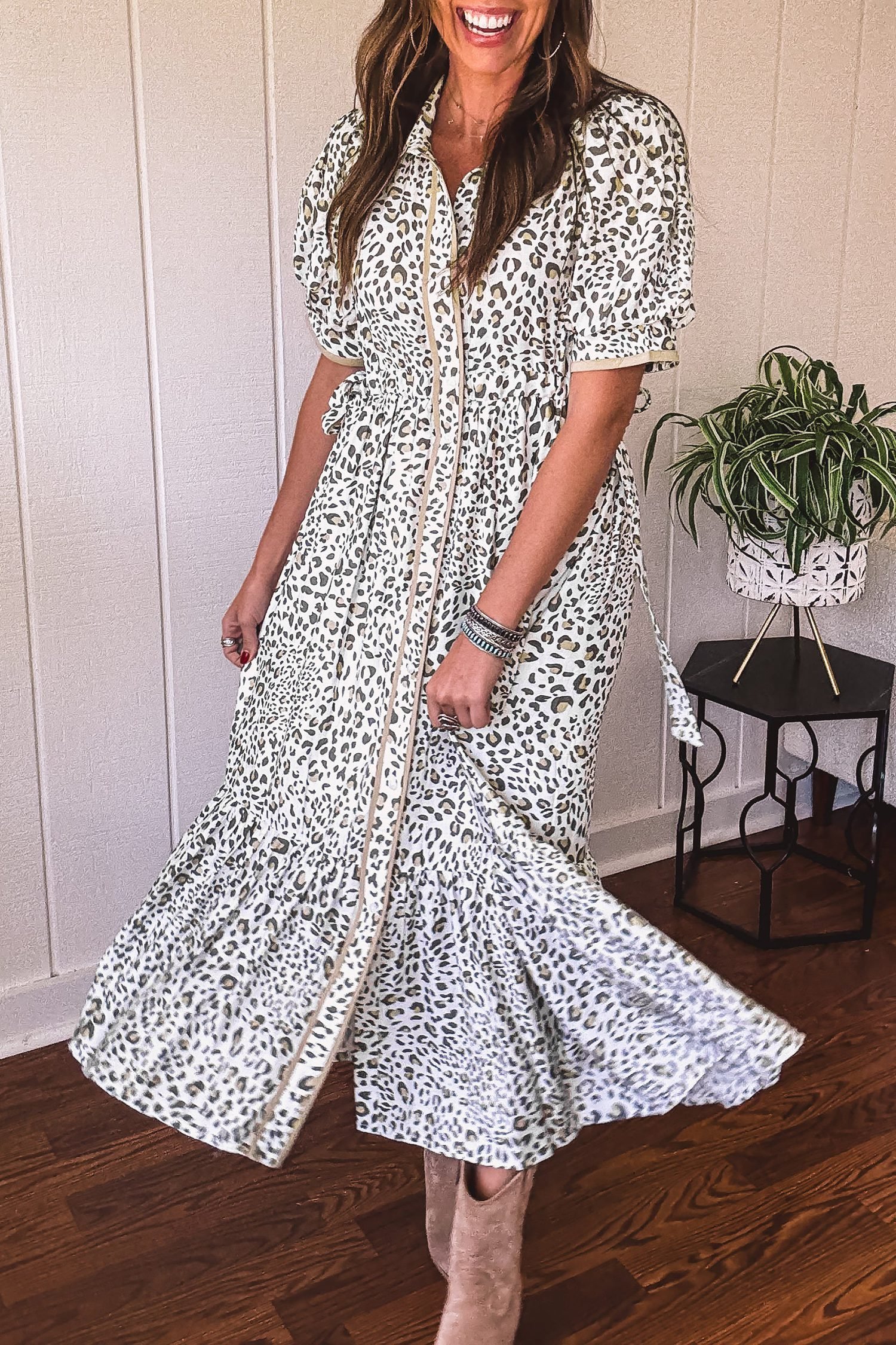 White Leopard Contrast Trim Button Front Short Puff Sleeve Long Dress