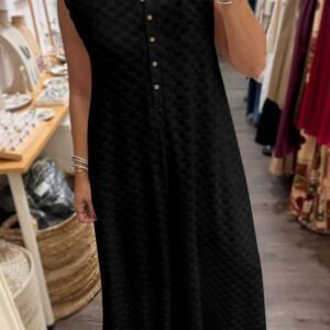 Black Half Buttons Sleeveless Wide Leg Textured Jumpsuit