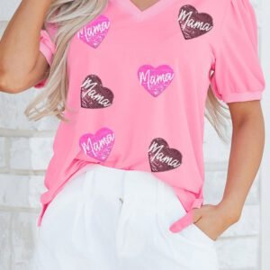 Bonbon V Neck Puff Sleeve Sequin Mama Heart Graphic Top